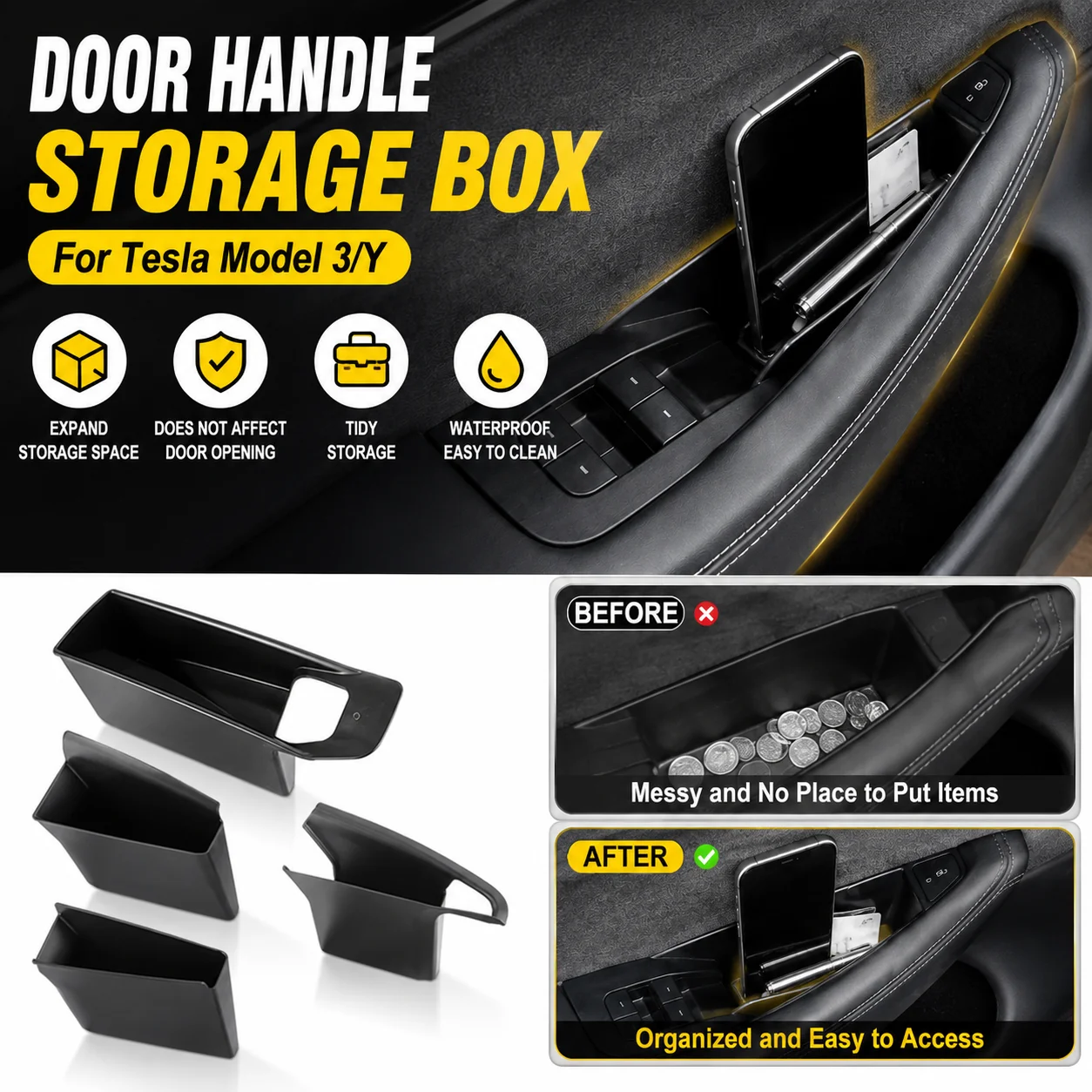 Boîte de rangement pour poignée de porte, pour Tesla modèle 3/Y, plateau organisateur latéral de porte, extension de l'espace de rangement, étanche, facile à nettoyer, intérieur bien rangé