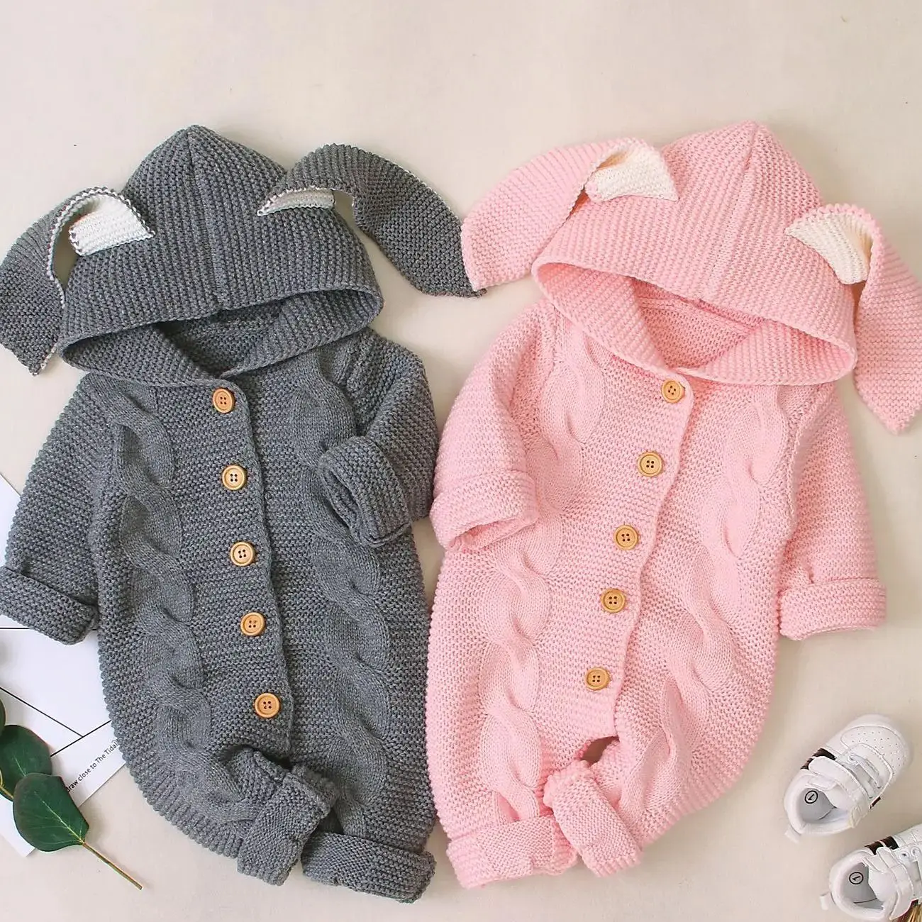 Spring Autumn Baby Romper Infant Bunny Ears Hooded Onesie Toddler Boy Girl Knitted Jumpsuit Solid Rabbit Button Pajamas Homewear