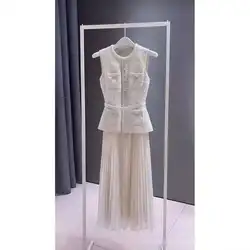 Luxury Autumn Winter Patchwork Chiffon Tweed Dress Women Single Breasted Diamonds Belt Midi Long Vestidos Party
