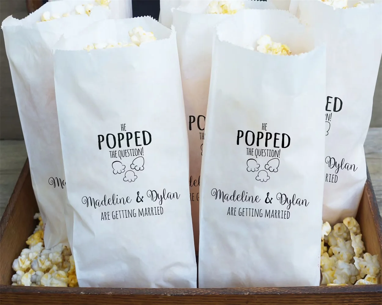 50 Engagement Party Favor Bags, Popcorn Buffet, He Popped The Question - Grease Resistant - Custom Names