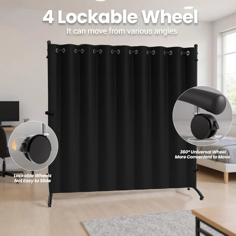 6FT Portable Room Divider with 360° Lockable Wheels, Curtain Privacy Screen for Bedroom Office Partition