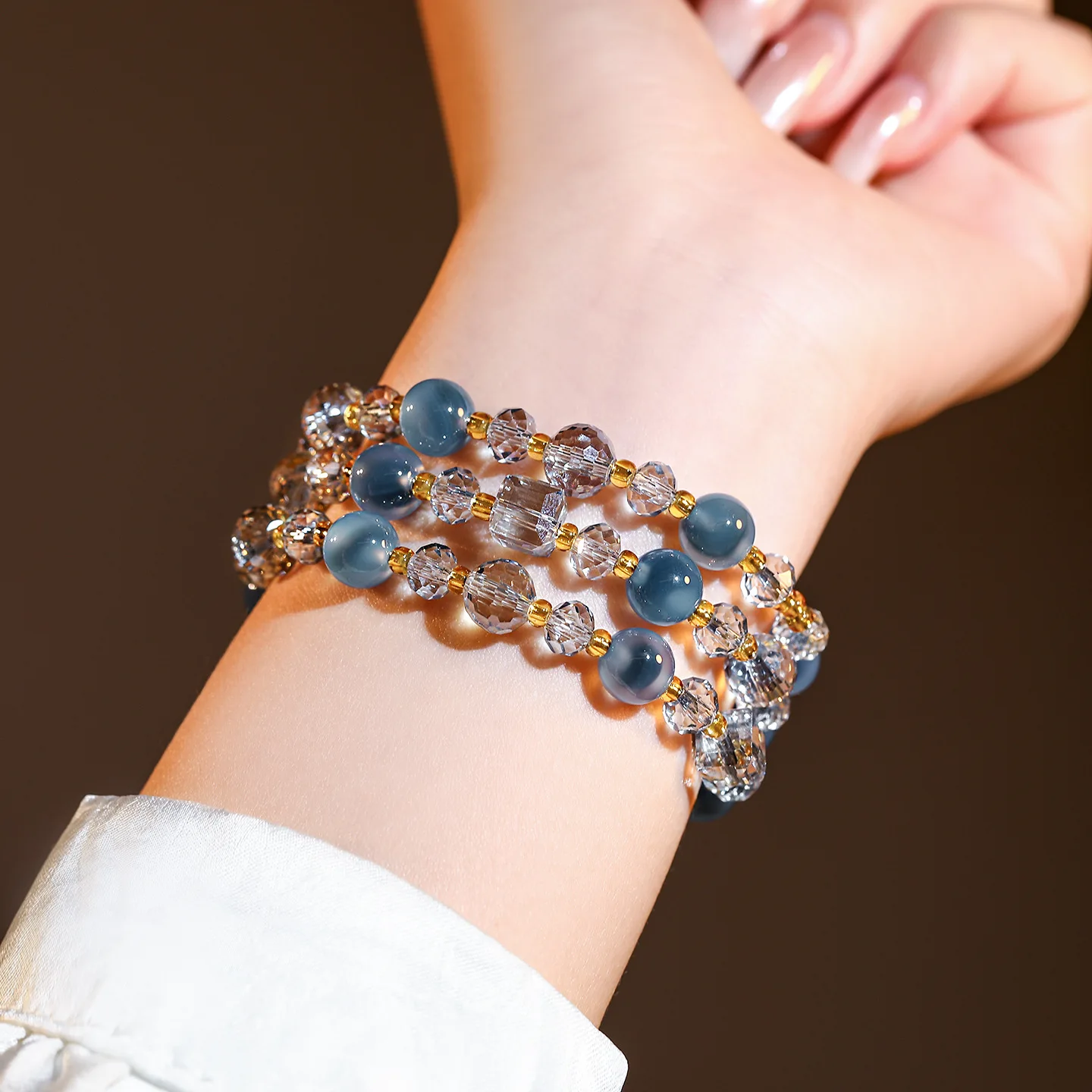 Luxury Multi Layer Stackable Faceted Blue Crystal Sugar Core Agate Bracelet For Women Elegant Luxury Versatile Beaded Jewelry
