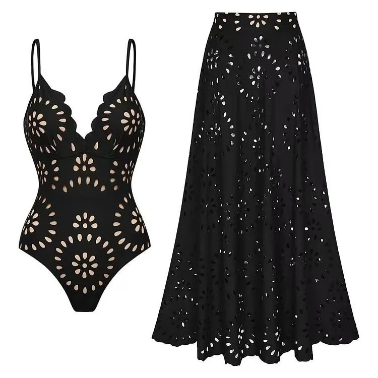Women's Solid Color Sleeveless Deep V Neck Backless Long Torso Sexy Bikini Set with Thin Straps and High Waist Skirt for Beach