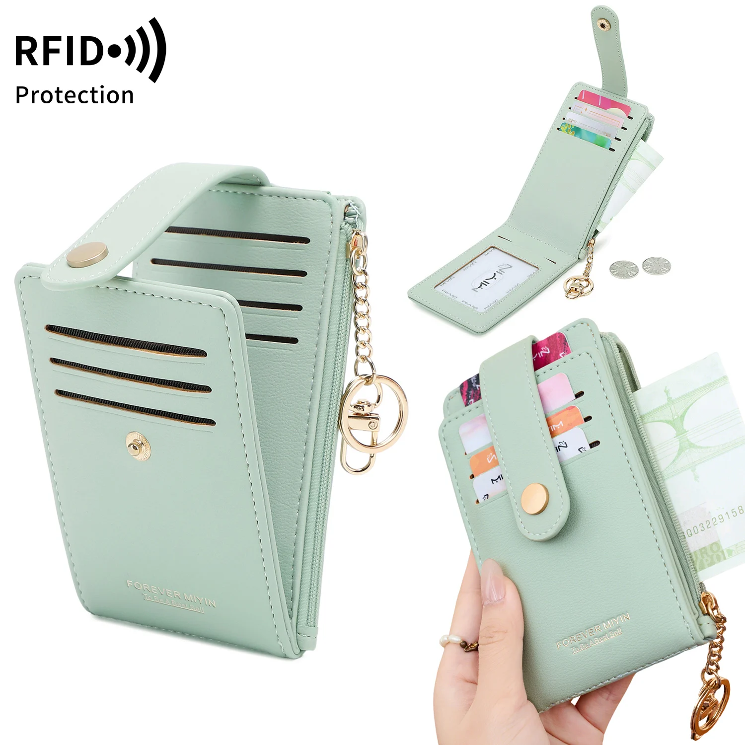 Mint Green Women Wallet with RFID Blocking Card Slots & Keychain Zipper Purse Anti-Theft Portable Mini Coin Cash Holder