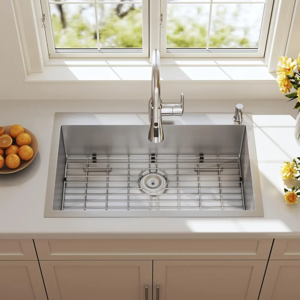 انخفاض في حوض المطبخ 33x22 Topmount 16 مقياس الفولاذ المقاوم للصدأ اليدوية وعاء واحد عميق فوق جبل المصارف 33x22x9 #3