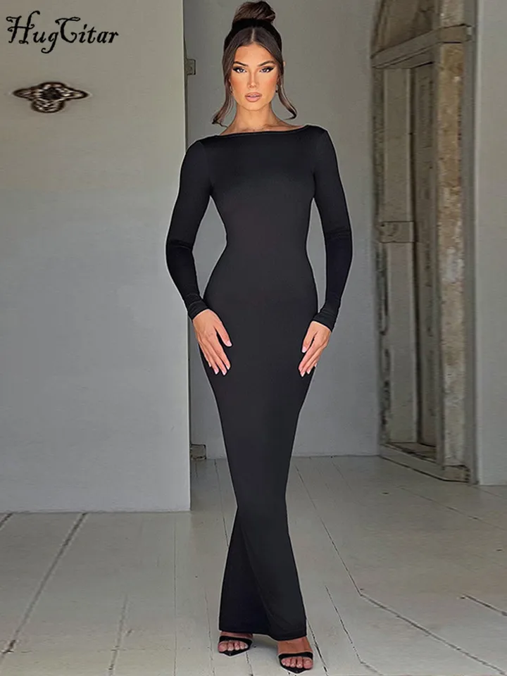 Vestido Elegante de Primavera de Manga Larga, Espalda Descubierta, Liso, Ajustado, Largo para Mujer, Outfit de Fiesta Nocturna y Festival Y2K 2