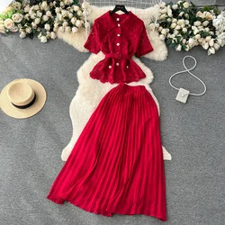 Croysier Vintage Elegant Office Matching Sets Short Sleeve Belted Openwork Lace Shirt And Long Pleated Skirt Sets Womens 2 Piece