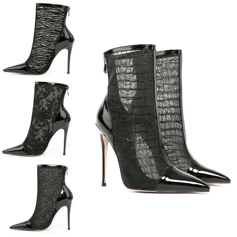 Summer Clear Pleated Fishnet Mesh Patchwork Ankle Boots black shiny  Pointed Toe Thin High Heels Woman Lace Mesh Short Boots
