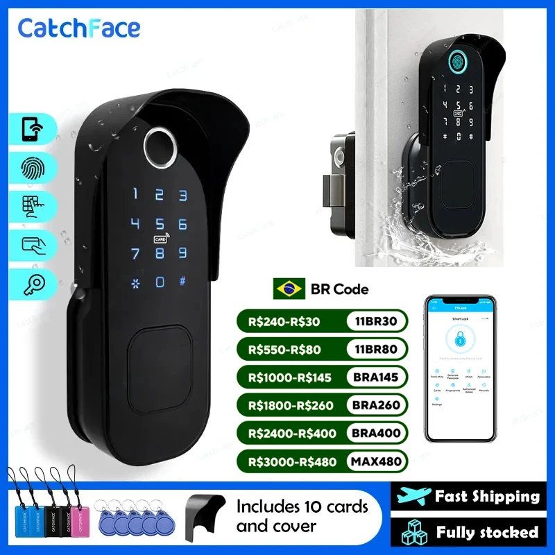 Brazil Fingerprint Waterproof Outdoor Garden Lock Remote Control TTLock App Code Keyless Smart Door Lock Electric Rim Lock