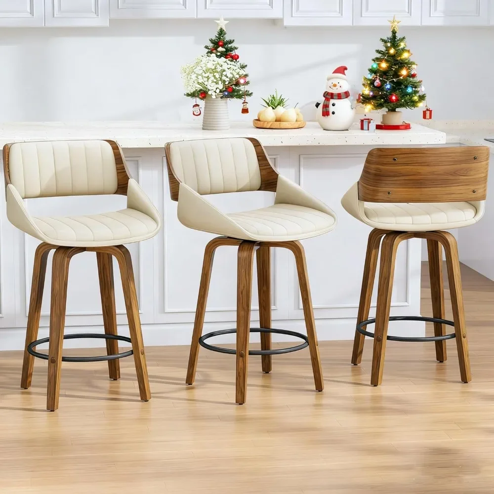 

Bar Stools Set of 3, 26 Swivel Counter Height Barstools with Walnut Bentwood Back and Legs, Modern Faux Leather
