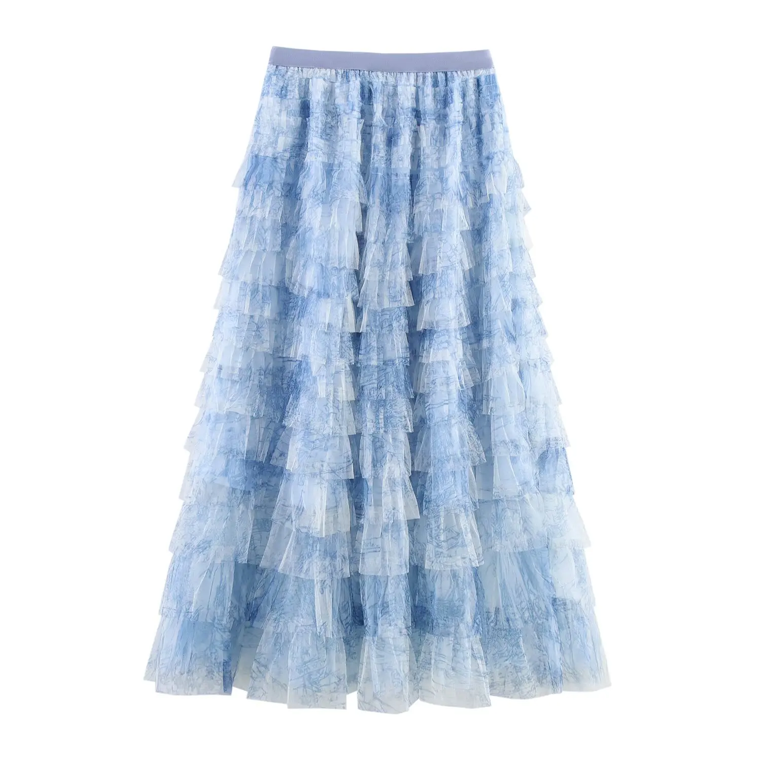 PB&ZA2025 Summer New High Waist Retro Tie Dyeing Mesh Gradient Printed Multi Layer Cake Skirt