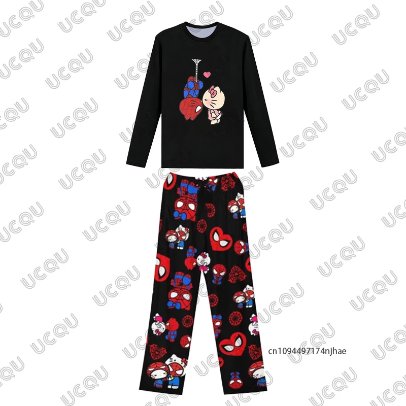 2피스 의상 남성용 트랙수트 스파이더맨 & 헬로키티 프린트 긴팔 티셔츠+파자마 바지 캐주얼 커플 수트 오버사이즈 세트