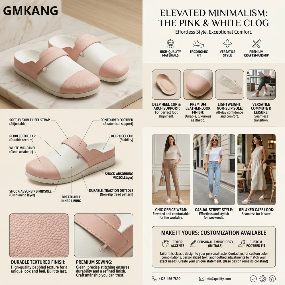 GMKANG Closed Toe Clog Slides Patchwork Leather Mules Adjustable Buckle Strap Slip On Flat Comfort Casual Home Outdoor