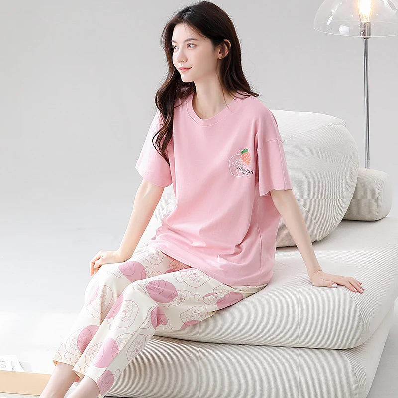 Newest Summer Sleepwear With Chest Pad Women 100% Cotton Short Top+Long Pants Pajamas Set