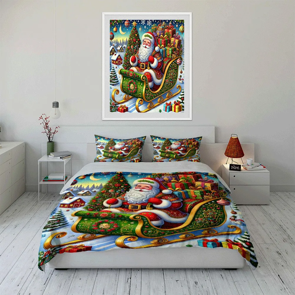 Santa’s Sleigh with Christmas Gifts Exquisite three-piece bedding set gift for kids and adults
