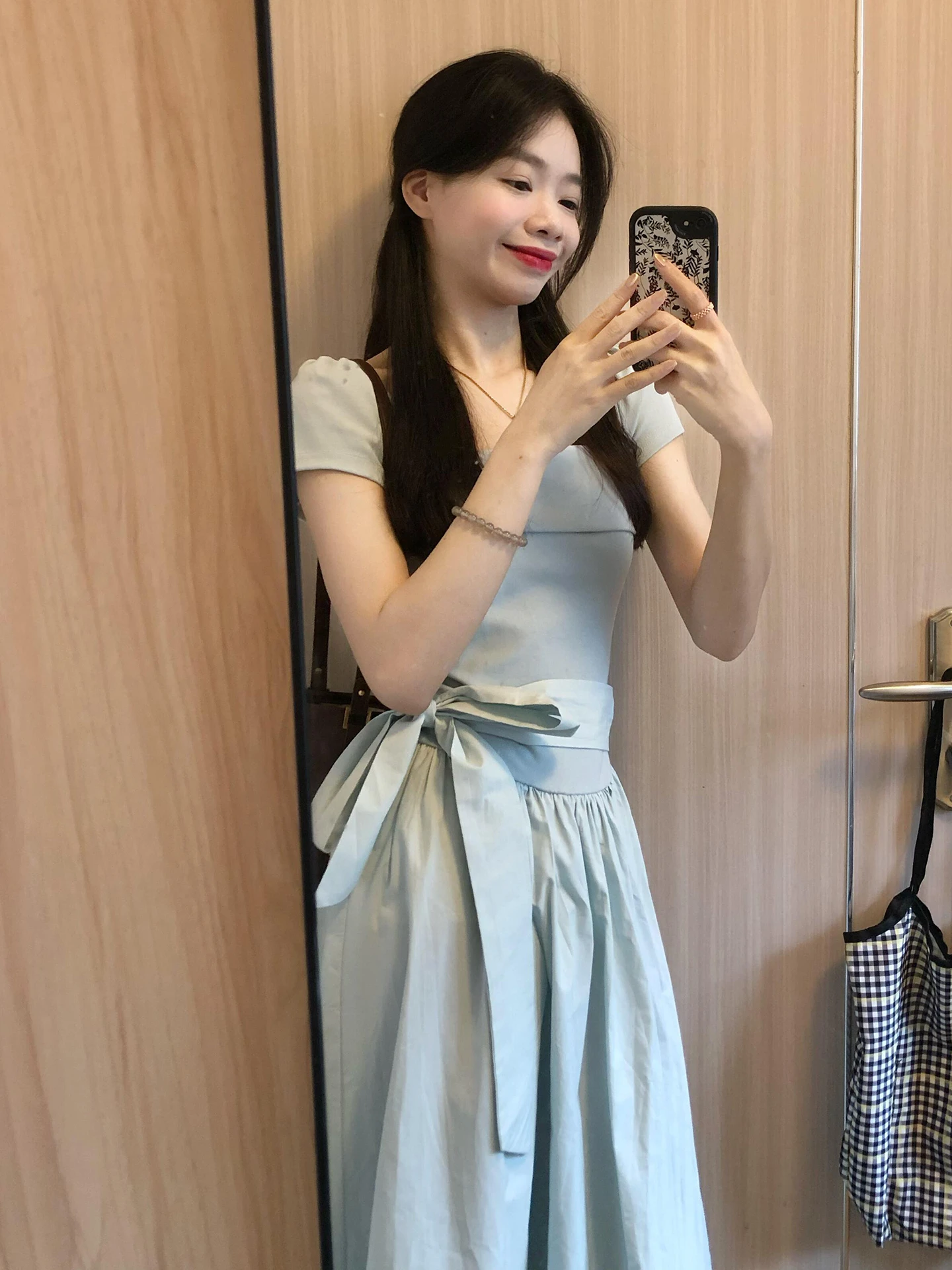 Niebieski kwadratowy kołnierzyk, kokarda, drapowana sukienka damska letnia, podkreślająca talię, w kształcie litery A, długa, drapowana, słodka, w stylu japońskim, z wysokim stanem lub...