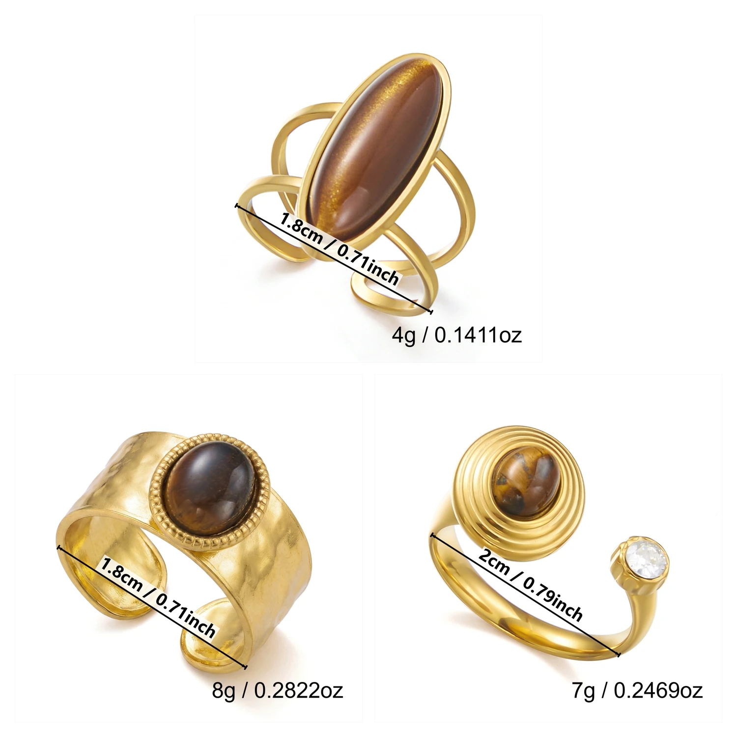 Maillard Tigerauge 18K Vergoldete Edelstahl Offene Ringe für Frauen Retro Verstellbarer Wasserdichter Ring-Set Party-Schmuck Geschenk – Detail 3