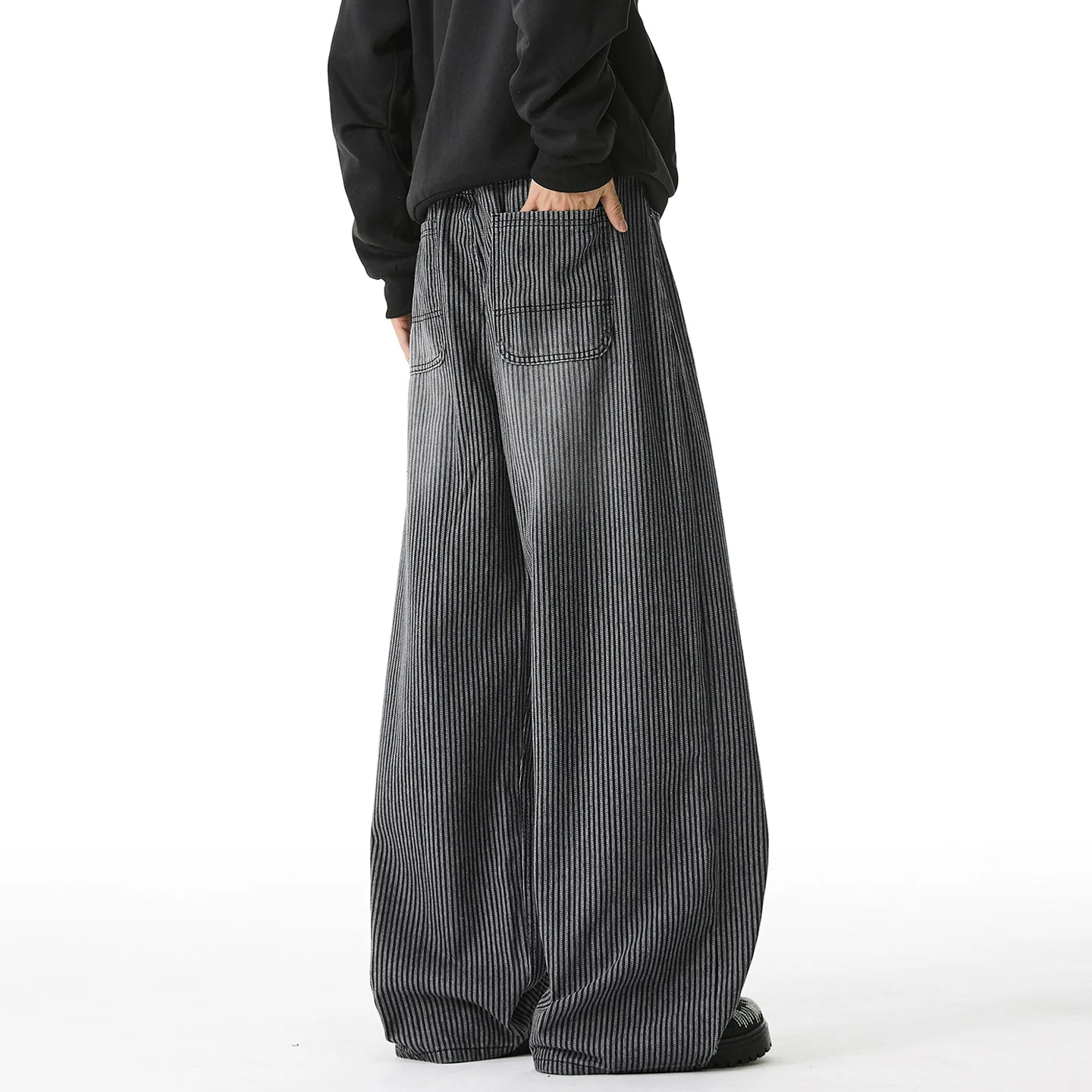 레트로 세로 줄무늬 청바지 남성 가을 스타일 미국 패션 브랜드 캐주얼 스트레이트 레그 팬츠 루즈 롱 팬츠