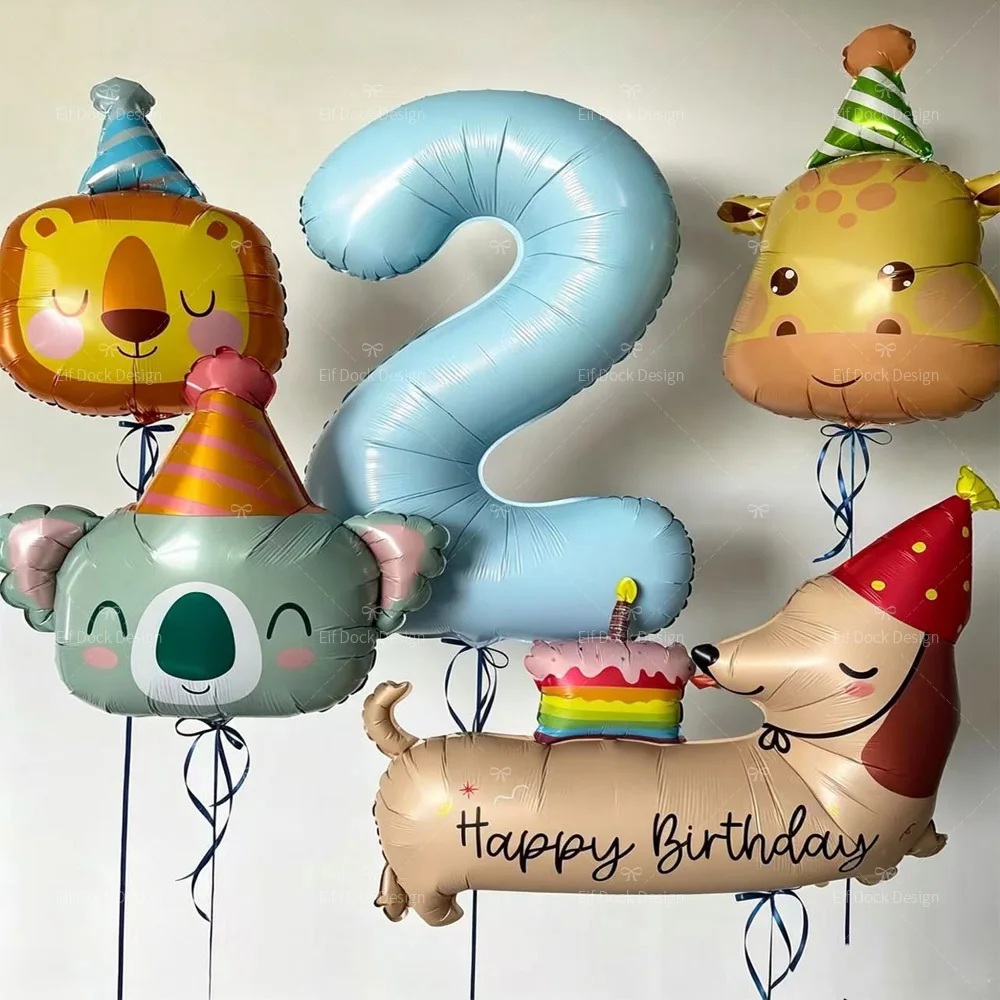 Cartoon-Tier Geburtstagshüte Folienballon Niedlicher Hirsch Elefant Dackel mit Blauer Zahlenballon für Kindergeburtstags-Partydekoration