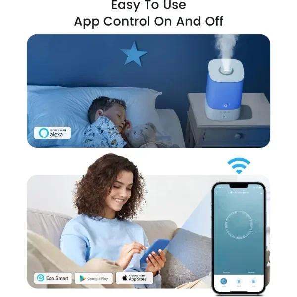 Umidificadores para quarto grande, umidificadores Esemoil Smart WiFi Cool Mist para bebê, preenchimento superior de 3,5L e 28dB silencioso