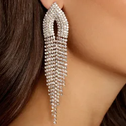 2024 Bling Rhinestone Crystal Long Tassel Drop Earrings for Women Big Hanging Dangle Earrings Brincos Bridal Wedding Jewelry