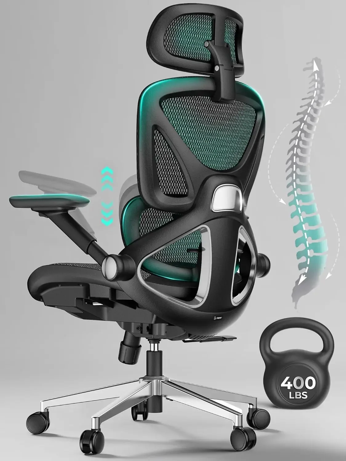 Ergonomic Mesh Office Chair, Adjustable Lumbar High Back Desk Chair 400lbs, 4D Flip-up Arms, 3-Level Tilt Backrest