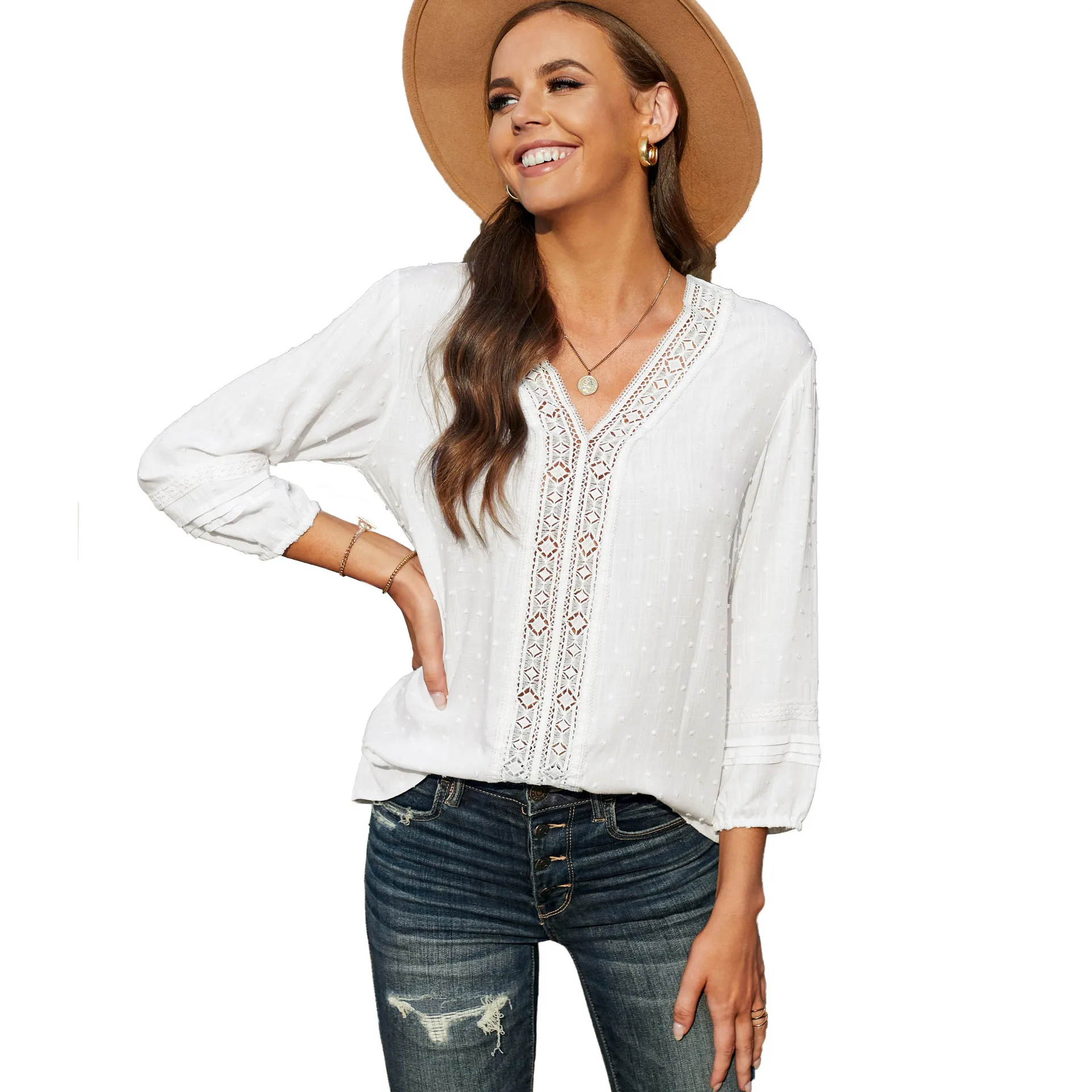 Women Chiffon Blouse Shirts Dot Jacquard Solid Lace V Neck Hollow out long Sleeve Fashion New