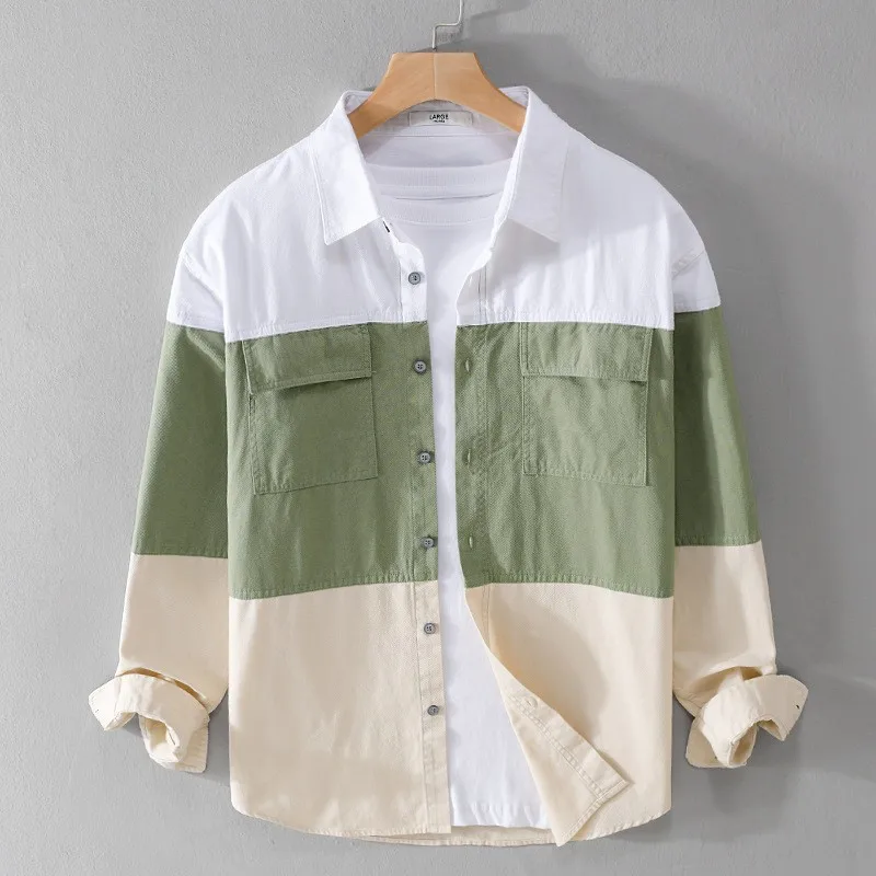 

Japanese Fashion Mens Long Sleeve Shirt Youth Streetwear Men Tops Causal Pure Cotton Shirt Patchwork Contrast Color Overshirt