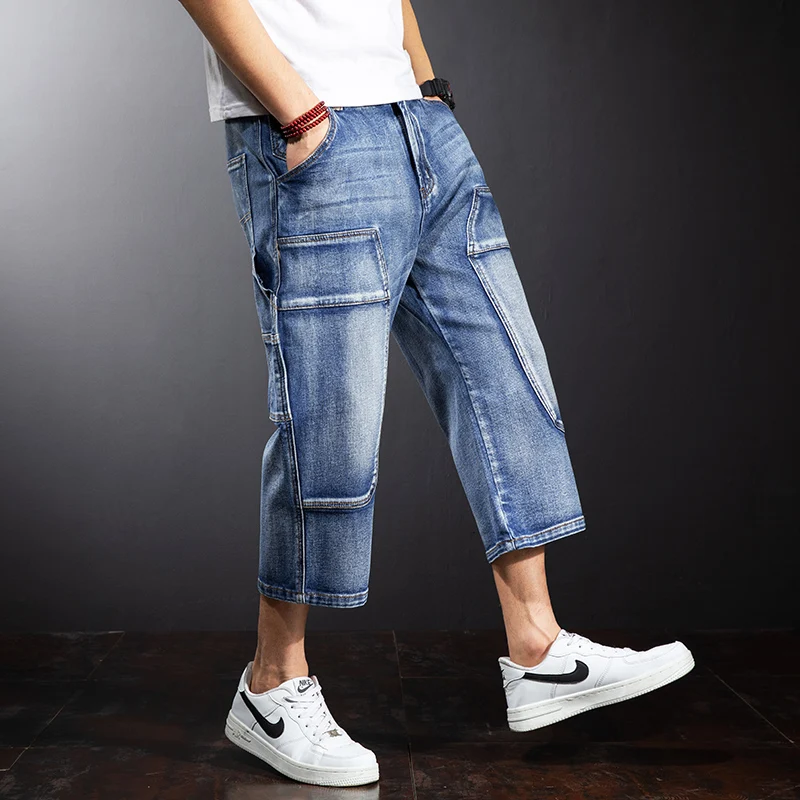 

Japanese Style Workwear Pants Seven-Foot Men Summer Jeans Shorts Loose Straight Leg plus Size Fat Men Mid-Pants Trendy