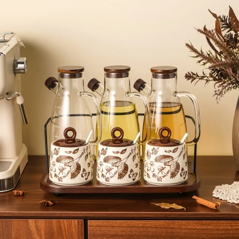 Vintage Farmhouse Seasoning Jar Set Ceramic Salt & Sugar Pots, Glass Oil Dispenser Bottle with Rack Aesthetic Kitchen Decor Case
