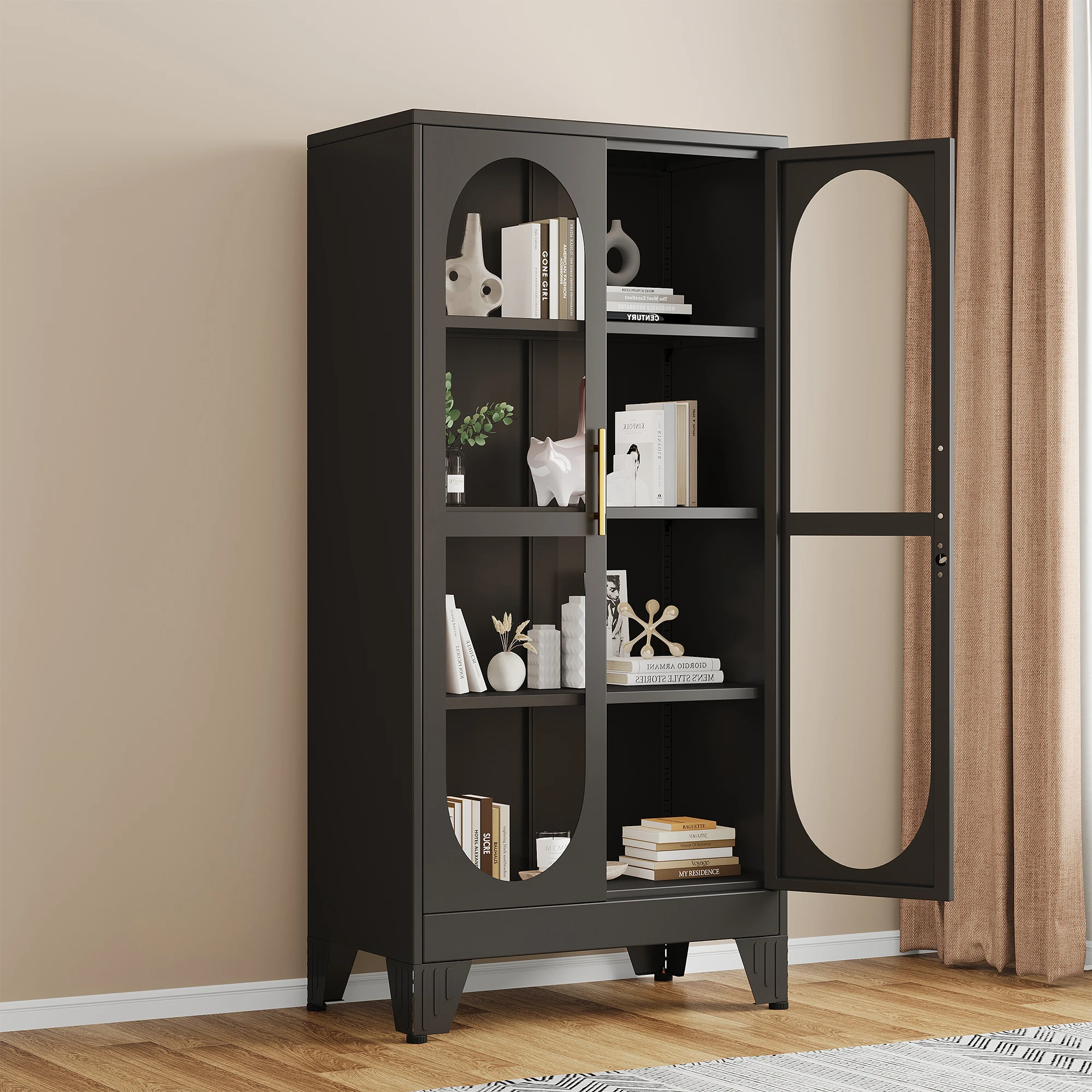 61 inch high metal glass door display cabinet with 4 adjustable shelves, display cabinet storage cabinet