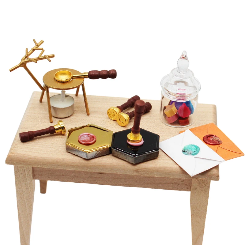 1 Juego de herramientas de sellado de cera en miniatura para casa de muñecas 1:12, mango de cuchara laca, modelo de pellets de cera apto para cualquier decoración, juguete para juego de imitación para niños