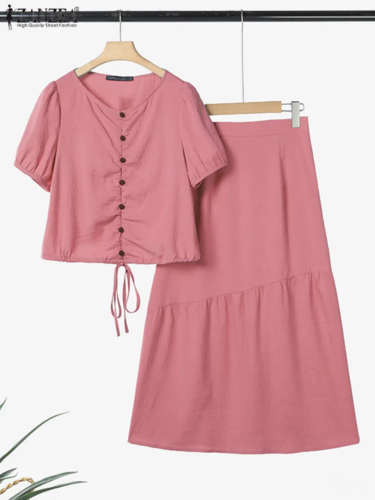 

ZANZEA Элегантные комплекты платьев, женские летние однотонные топы с короткими рукавами и длинные юбки, модные комплекты из двух предметов 2025 года, повседневные свободные комплекты из 2 предметов