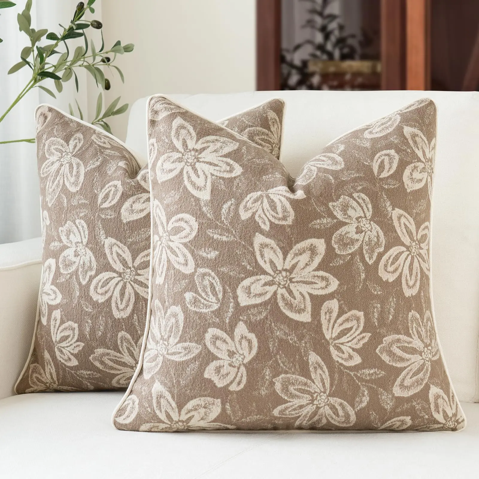 Set of 2 Vintage Floral Patterned Throw Pillow Covers,Farmhouse Decorative Pillow Covers,Country Botanical Jacquard Design 18x18