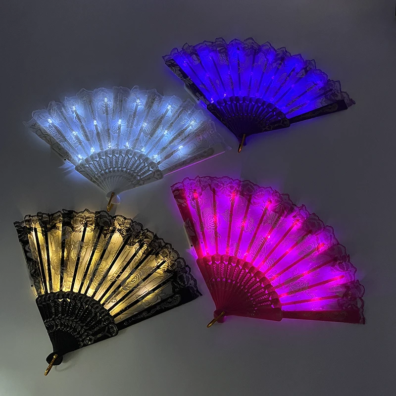 1 pc Girls Ladies Women Lace Rose Fan Cosplay Costume Accessories Decor Glowing LED Fan Light Up For Dancing Music Performance