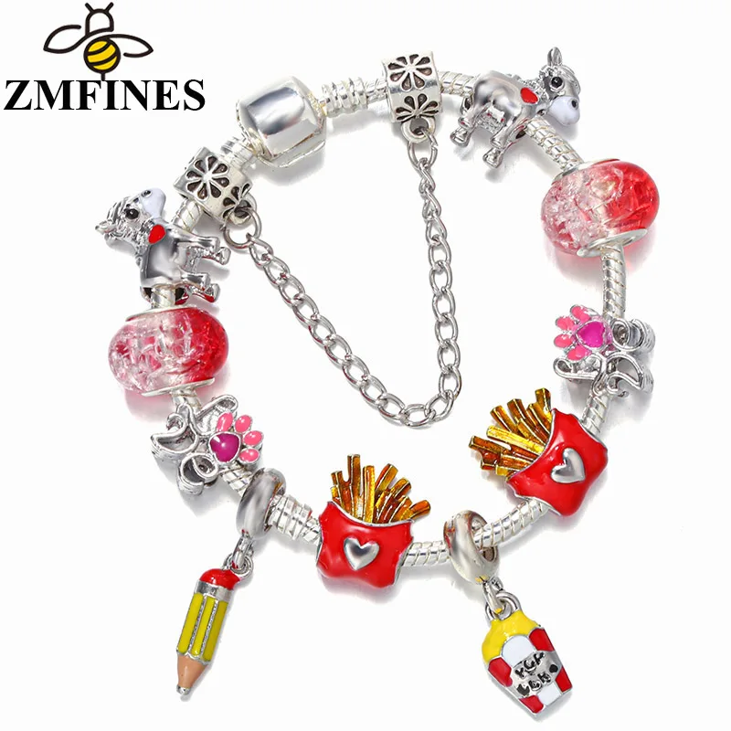女性と子供のためのレトロなシルバーチャームブレスレット,スネークチェーン,フライドポテト,DIYペンダント,ビーズジュエリー,卸売