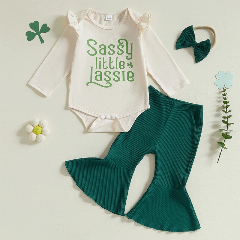 St Patrick s Day Toddler Girls Green Shamrock Print Long Sleeve Romper Flare Pants Headband 3-Piece Outfit Set