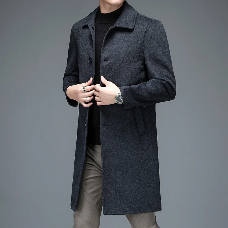 Quiet Luxury Men Woolen Blend Overcoat Black Navy Gray Warm Cashmere Coat Back Split  Winter Autumn British Style Garment OOTD