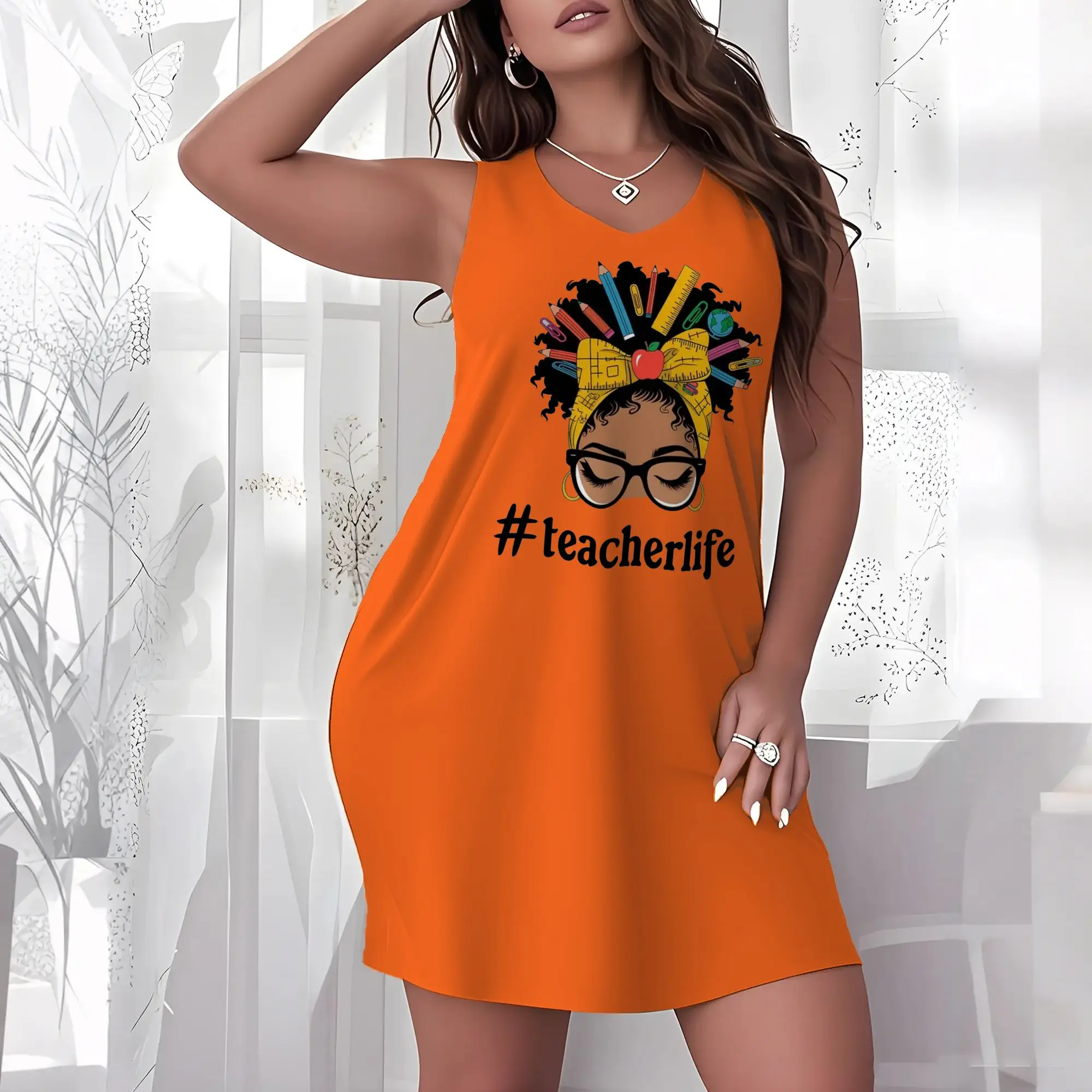 Plus Size Women Sleeveless V Neck Night Dress #teacherlife Afro Woman Pencil Ruler Apple Back To School Print Loose Soft Nightgown Casual Loungewear Sleep Dress