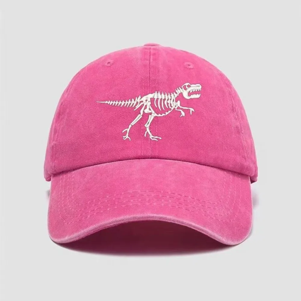 Washed Cotton Dinosaur Skeleton Printed Hat Adjustable Curved Brim Dinosaur Fossil Hat Distressed Skull Graphic Cap