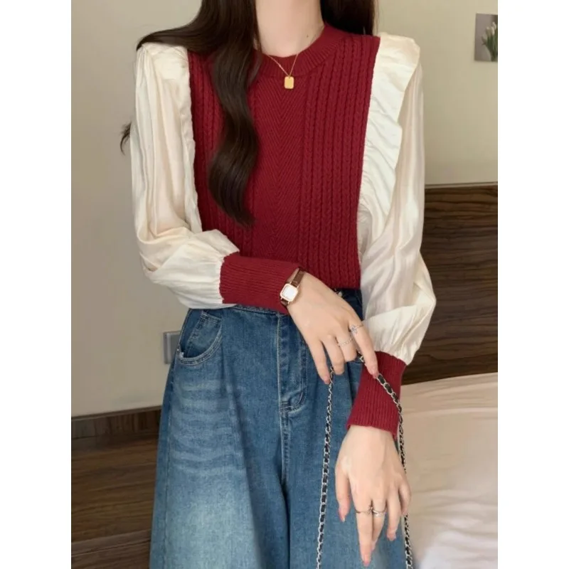 

Вязаный женский осенний темпераментный светский модный однотонный однотонный универсальный повседневный топ с рюшами спереди и плечами для похудения