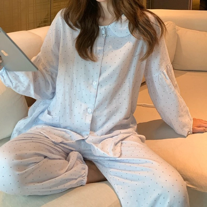 

New Pure Cotton Plain Yarn Pajamas Set Korean Style Pajamas Women's Category A Pure Cotton Long-sleeved Trousers Home Wear Set