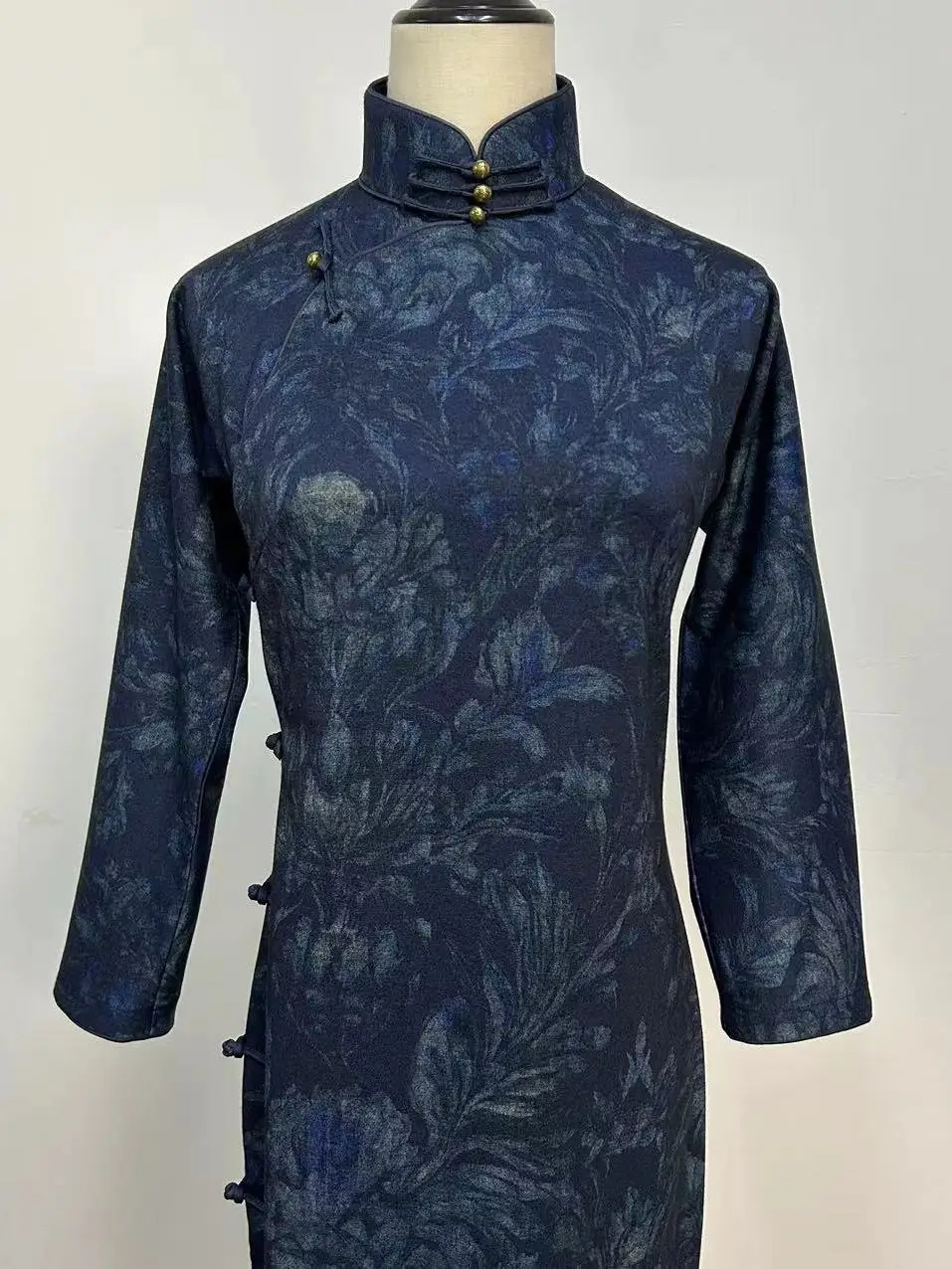 

Blue Dress Slimming Vintage Style Spring Autumn New Model Cotton Blend Fabric Breathable Long Sleeve Long Skirt