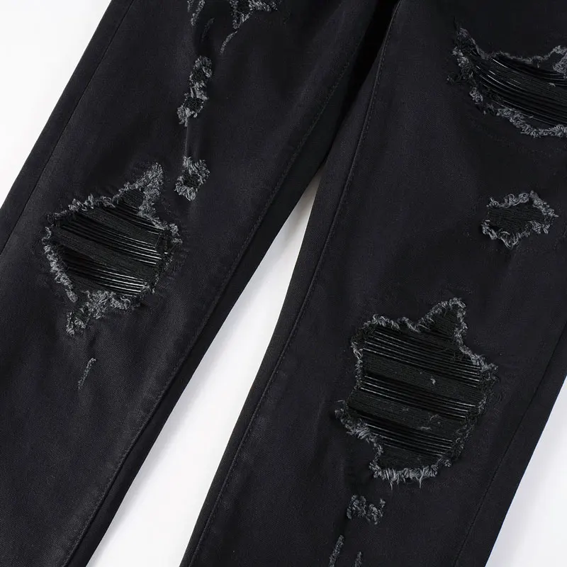 Y2K High Street Fashion New Men's Jeans Washed Nostalgic Stretch Slim Fit Perforated Patch Retro Black Jeans Designer Hip Hop Br