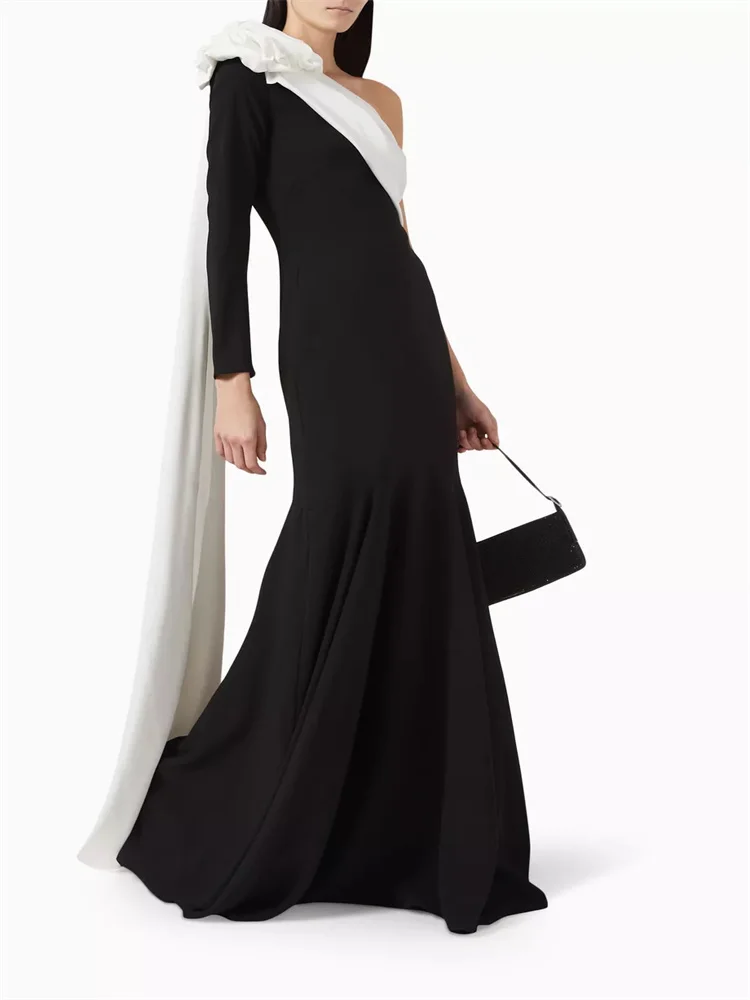 New Arrival One Shoulder Neckline Long Sleeve Stretch Satin Evening Dress Elegant Floor-Sweeping Cape Hem Gown For Women 2024