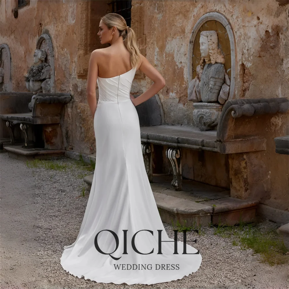 QICHE Simple Appliqued Mermaid Wedding Dresses Spaghetti Straps Sleeveless One Shoulder Bridal Gown Vestido De Noiva Customized