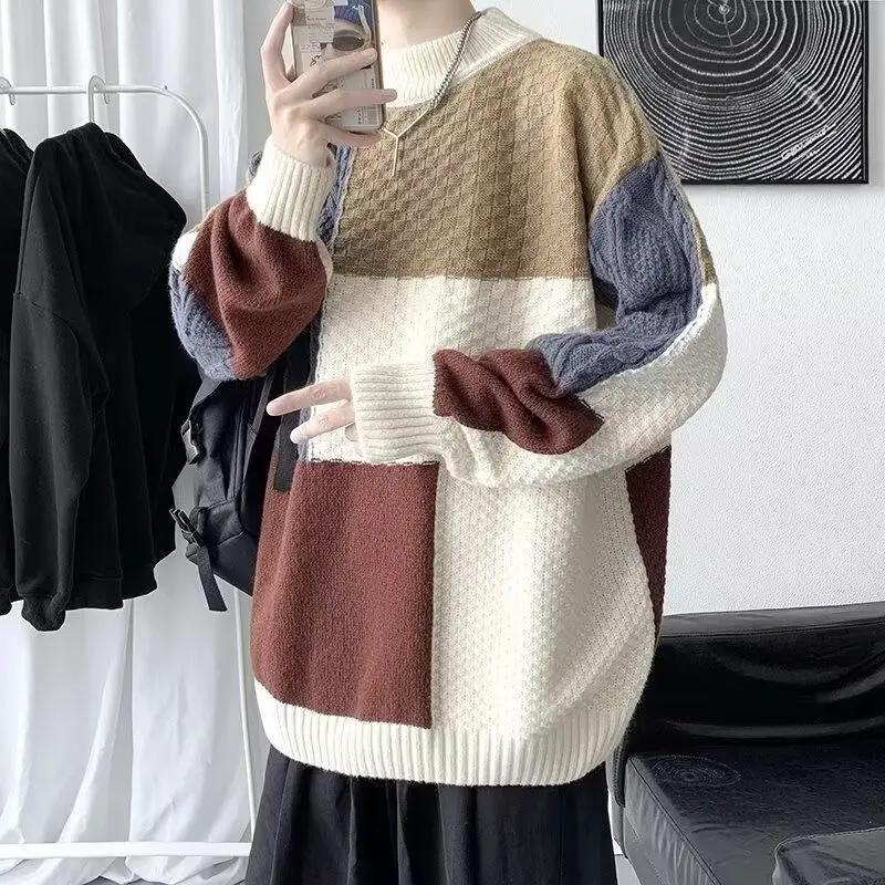

Trendy Brand Splicing Design Round Neck Sweater Retro Fat Casual Knitted Top