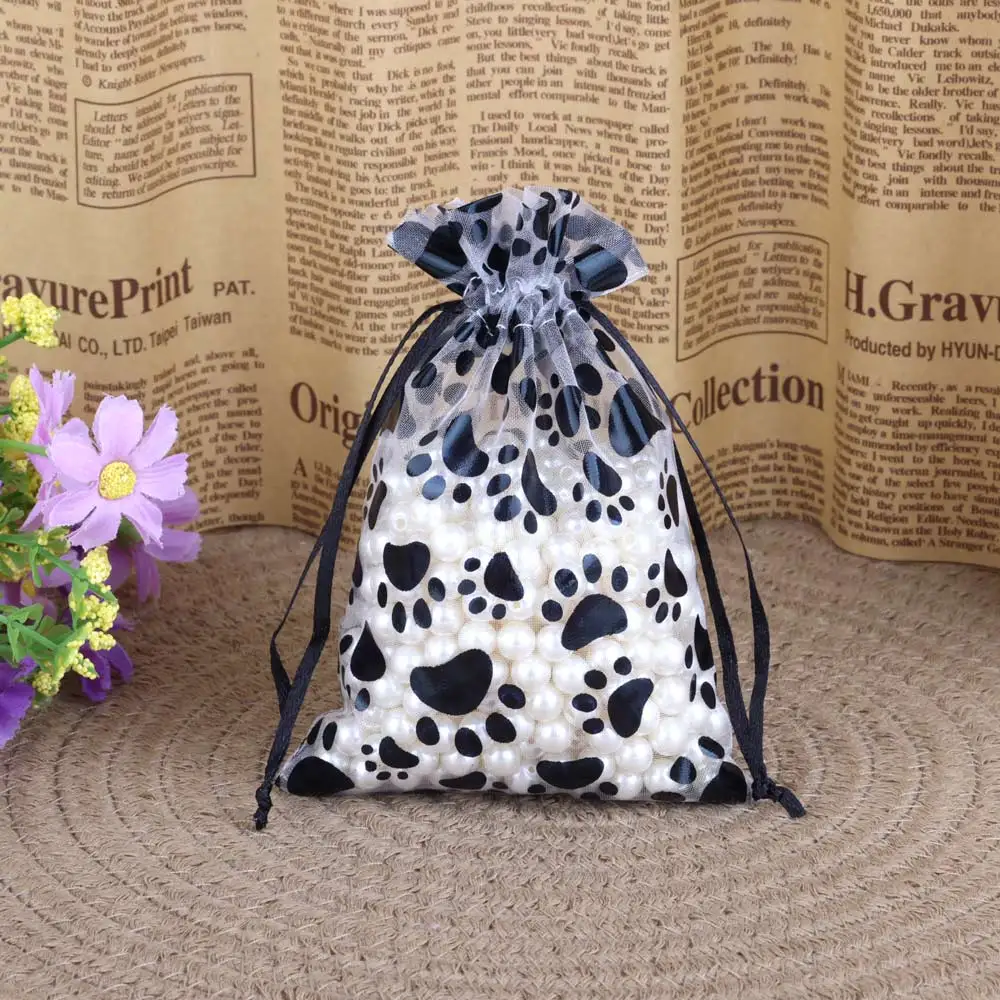 25pcs/50pcs Cat Claw Printing Organza Gift Bag Black New Design 9x12 10x15 13x18cm Jewelry Drawstring Packaging Bags Wholesale