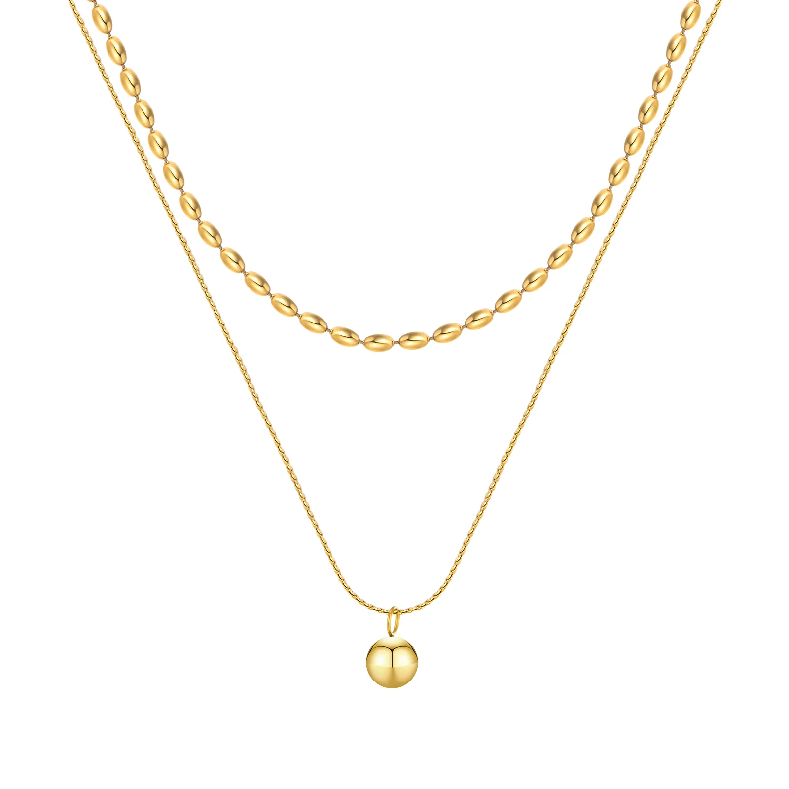 

Layered Ball Pendant Necklace Gold Plated, Oval Beaded Chain Choker, Stainless Steel Women Jewelry