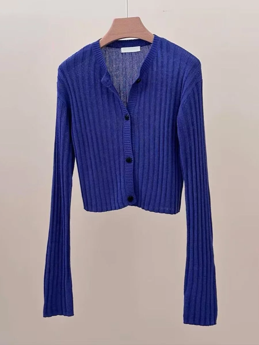 

Blue Long Sleeve Knitted Open Cardigan Women's Short Outerwear Autumn Jacket Commute Style Korean Version Regular Fit V Neck